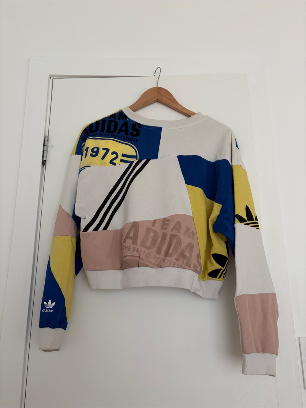 adidas Patchwork Crop Crewneck Sweatshirt in Yellow, Blue, Pink, White - Picture 2 of 7